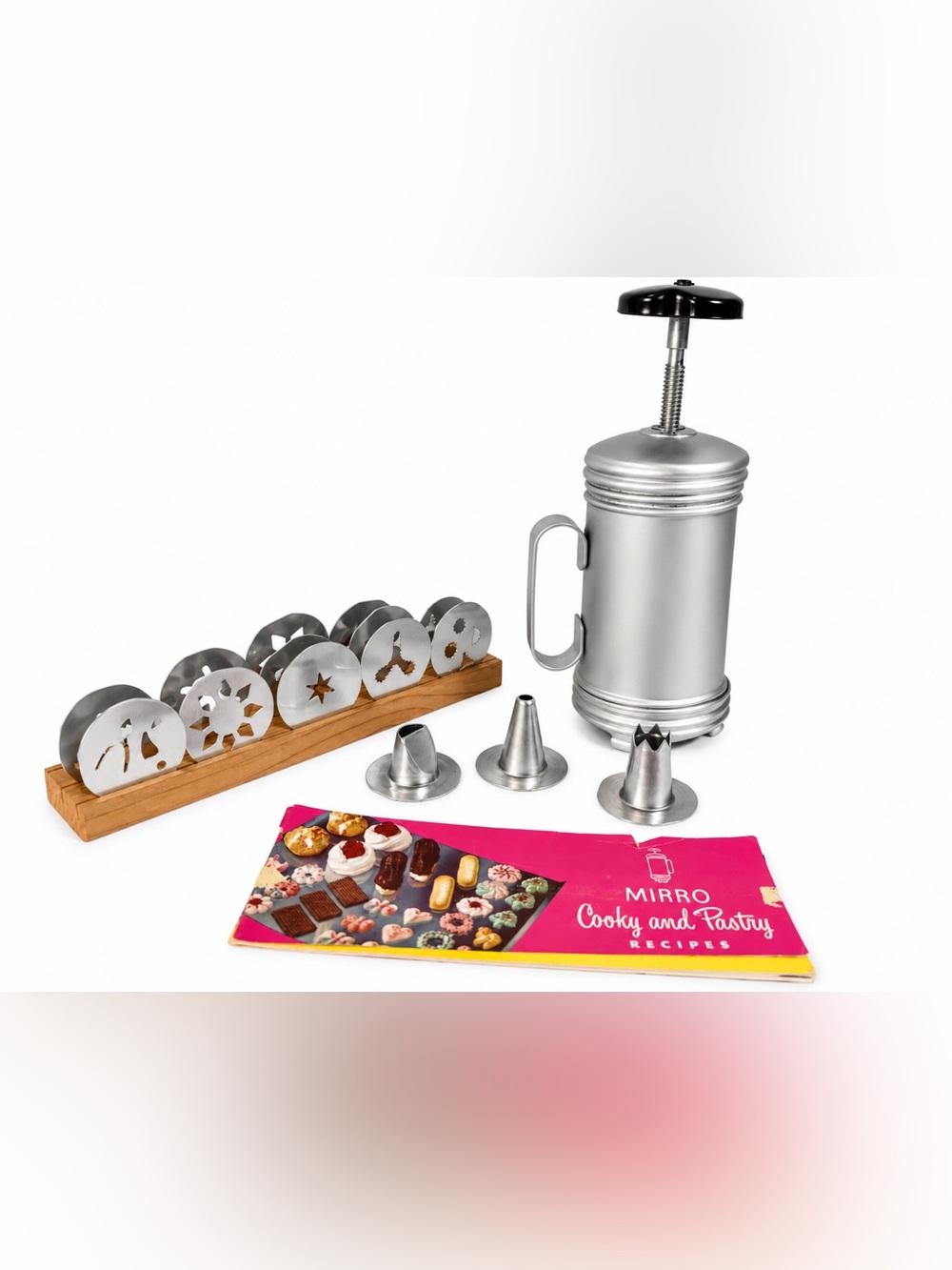 Vintage Mirro Cooky & Pastry Press Set Aluminum Cookie Press Discs Tips Recipe